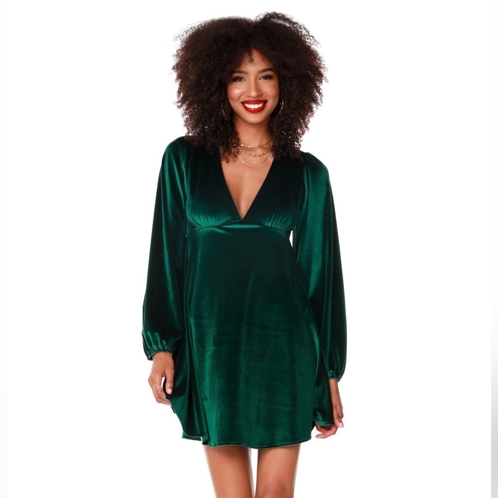 Bobi BLACK | Babydoll Empire Waist Balloon Sleeve Velour Mini Dress Hunter
